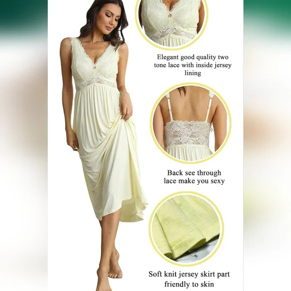 Light Yellow Long V-neck Lace Panel Nightgown - Picture 4 of 11